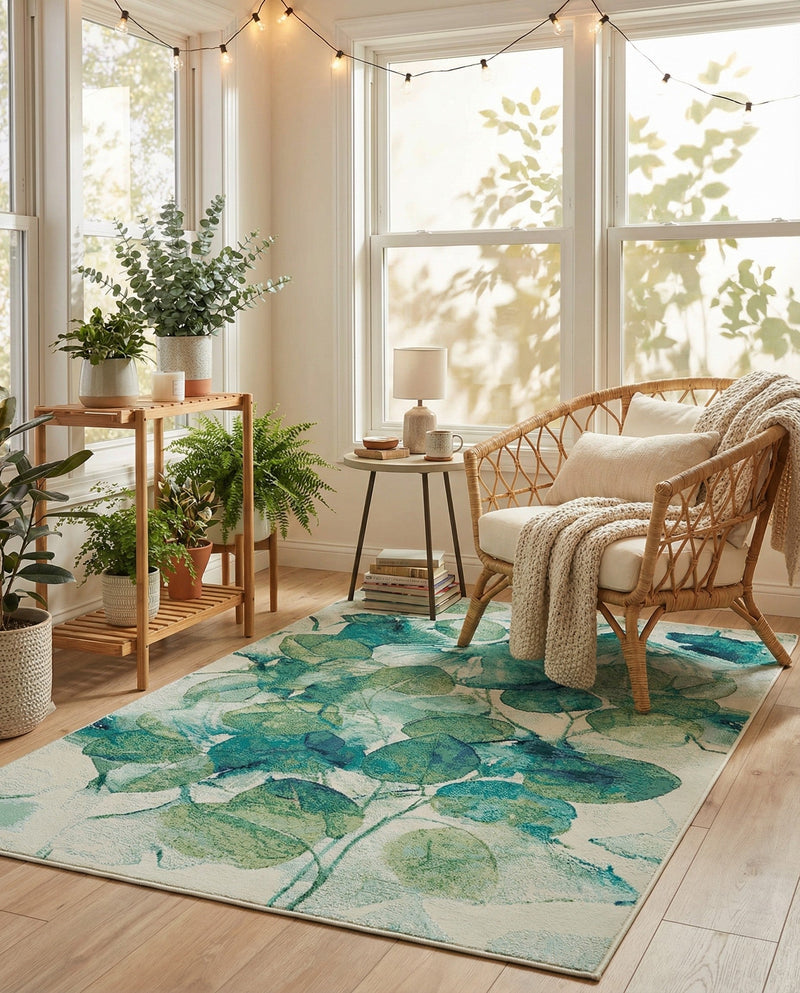 Seaside Blooms Collection Area Rug -  Flora Rectangle Blue Green  lifestyle 34
