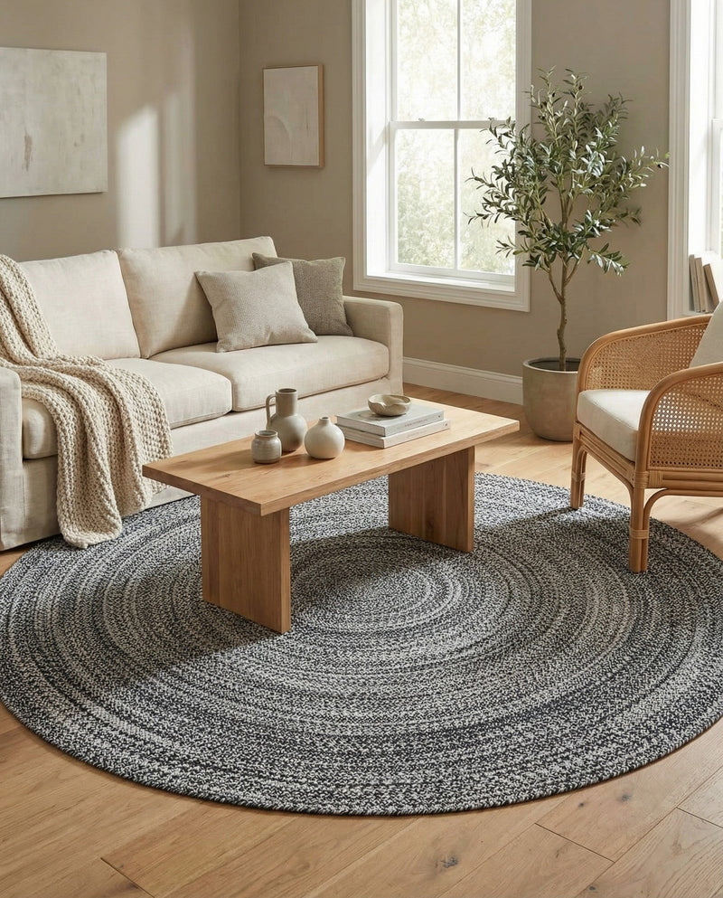 Sustainable Strands Indoor-Outdoor Oasis Collection Area Rug -  Sandbar (Black and White) Round Black and White  lifestyle 68