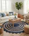 Woven Seaside Jute Collection Area Rug - Coastalhaven (Navy Blue and White) Round Navy Blue and White  lifestyle 11