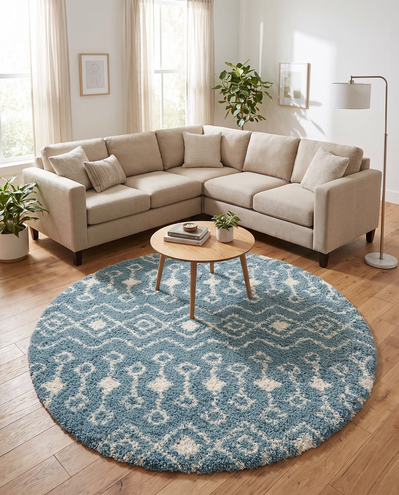 Berber Lattice Shag Collection Area Rug - Atlas (Light Blue) Round Light Blue  lifestyle 67