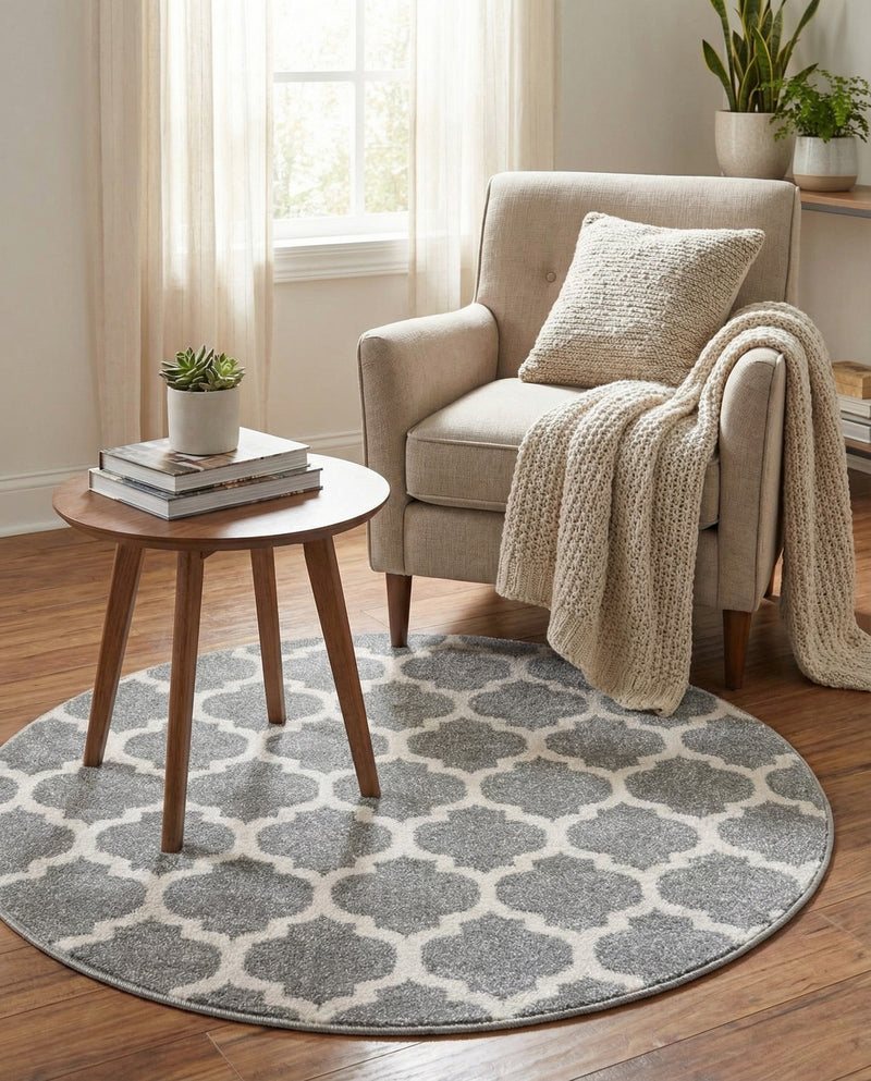 Lattice Gardens Collection Area Rug -  Bloomfield (Dark Gray) Round Dark Gray  lifestyle 65