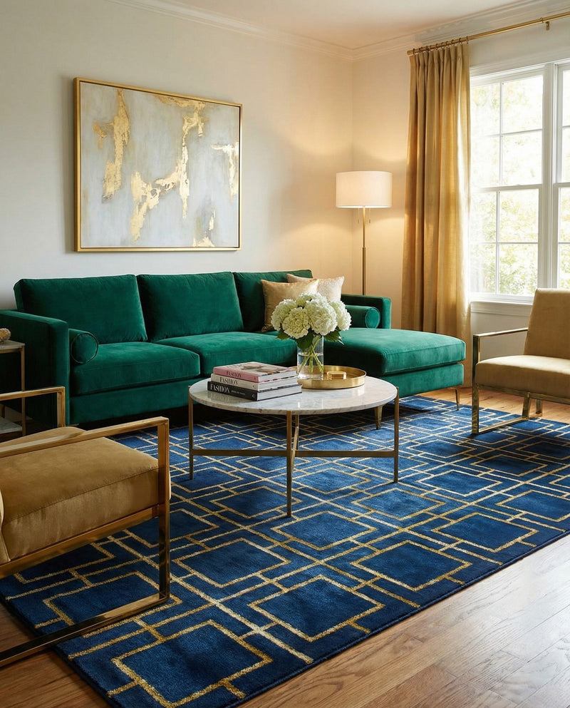 Hollywood Luxe Collection Area Rug -  Beverly (Navy Blue Gold) Rectangle Navy Blue Gold  lifestyle 8