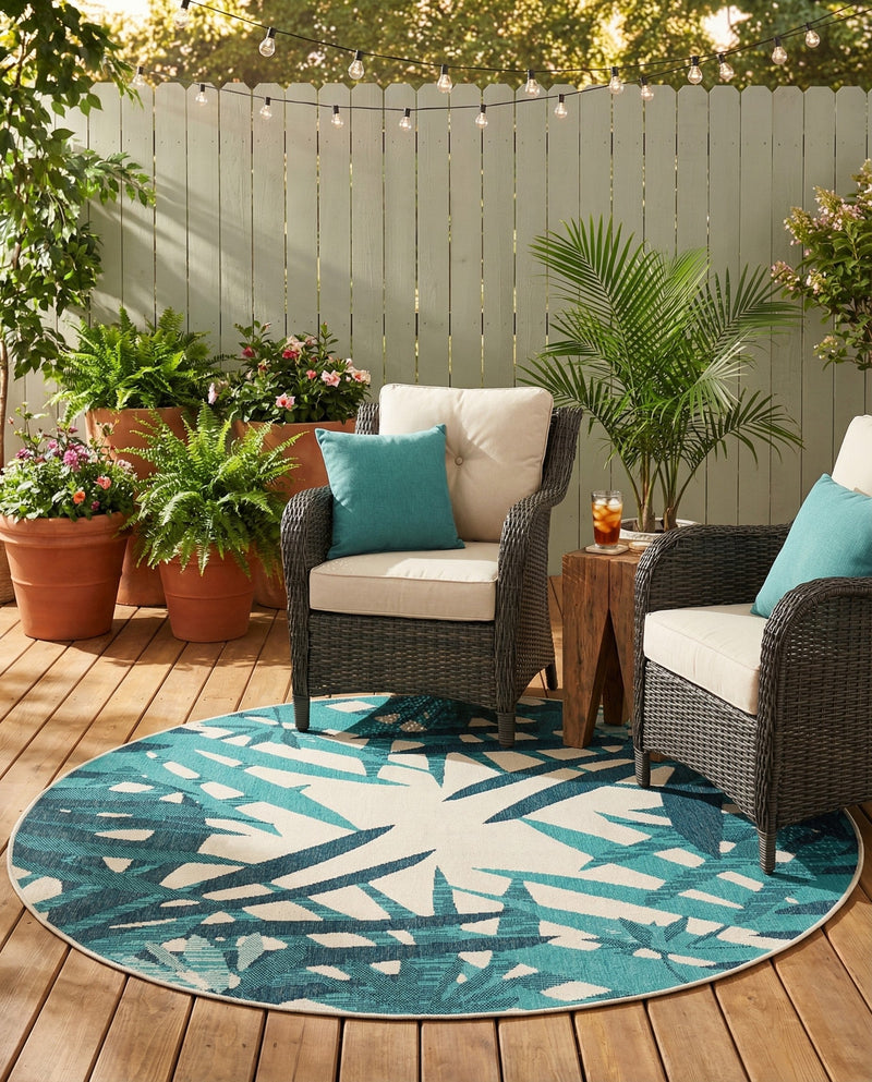 Seaside Blooms Collection Area Rug -  Provence Round Teal blue  lifestyle 17