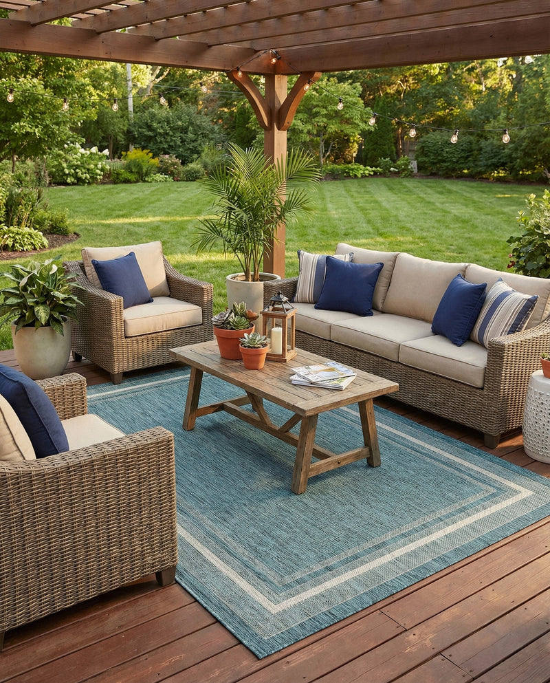 Terrace Fringe Collection Area Rug - Veranda (Teal) Rectangle Teal  lifestyle 20