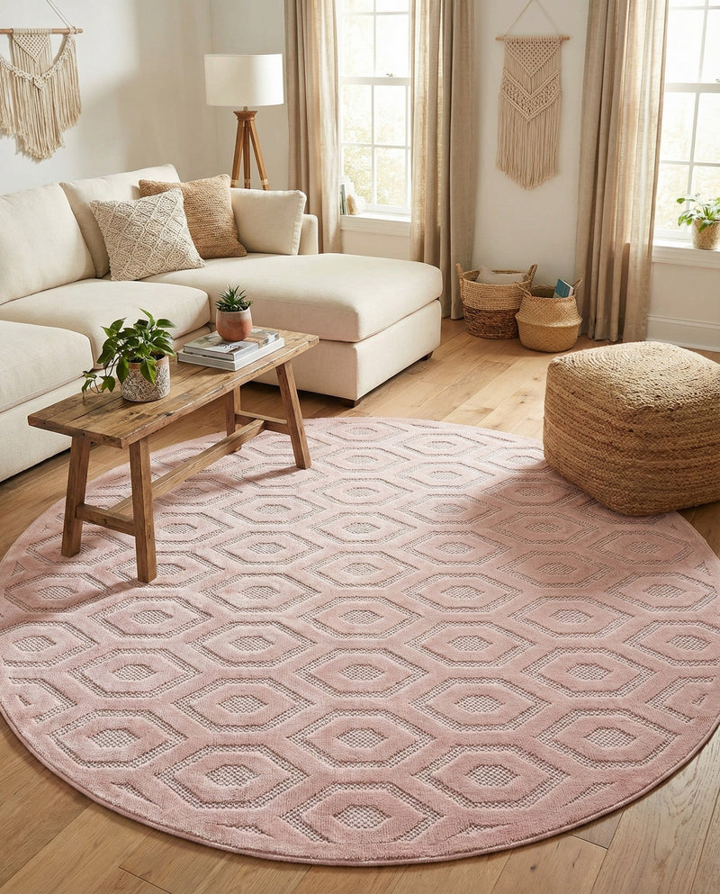 Garden Lattice Charm Collection Area Rug - Arbor (Pink) Round Pink  lifestyle 50