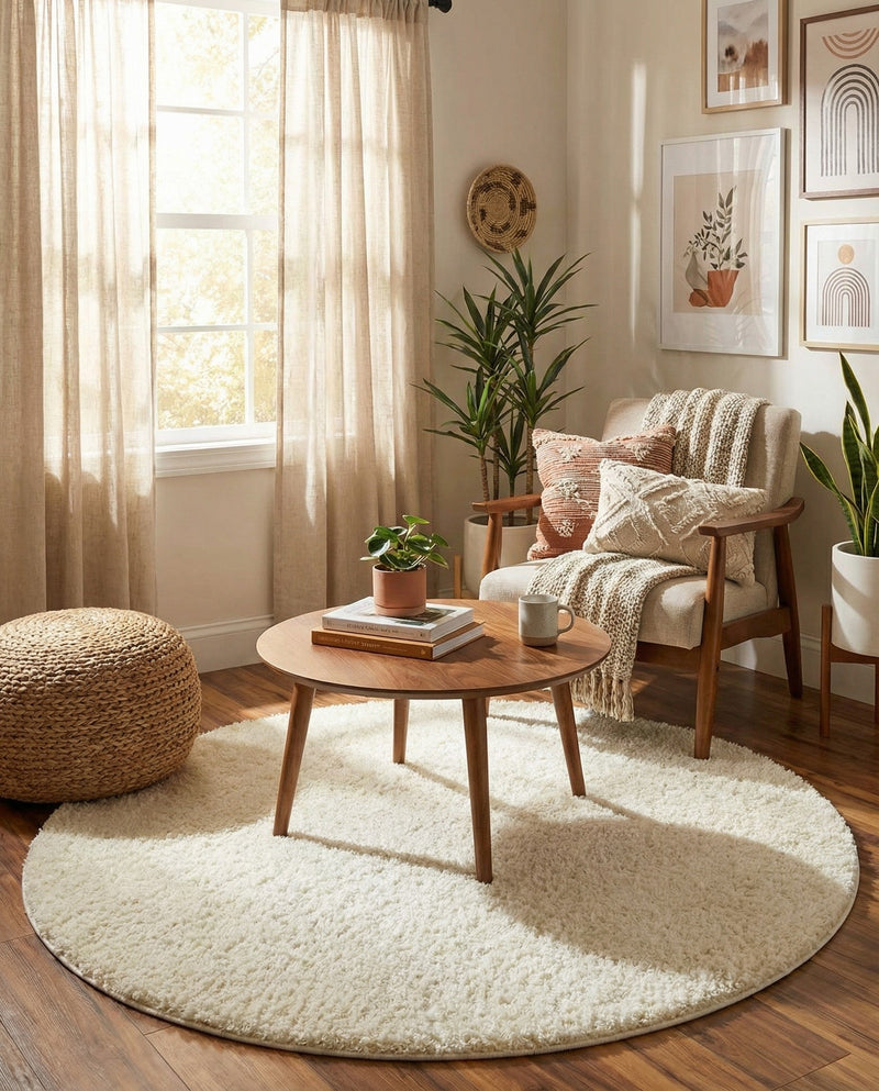 Cozy Comfort Shag Collection Area Rug - Haven (White) Round White  lifestyle 31