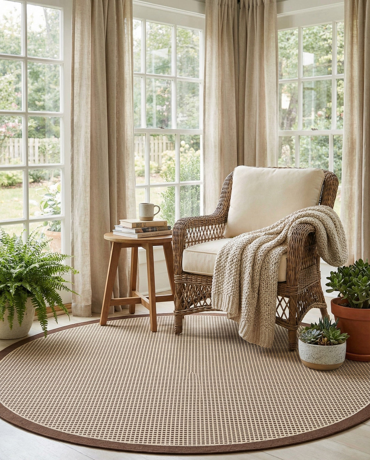 Terrace Fringe Collection Area Rug - Oceanside Round Brown  lifestyle 166