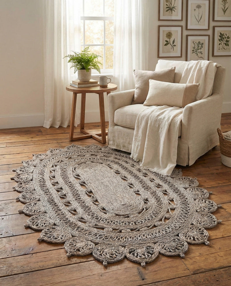 Woven Seaside Jute Collection Area Rug - Coastalhaven (Gray) Oval Gray  lifestyle 27
