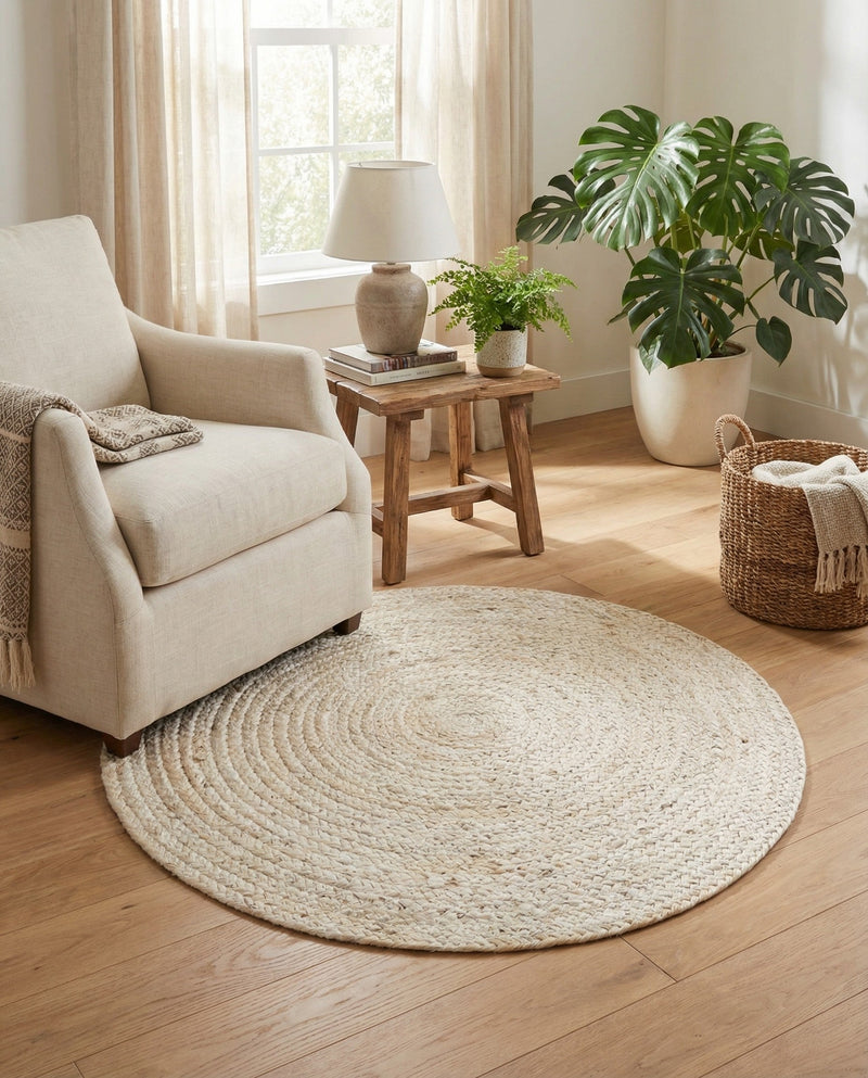 Woven Seaside Jute Collection Area Rug - Savannah (White) Round White  lifestyle 48