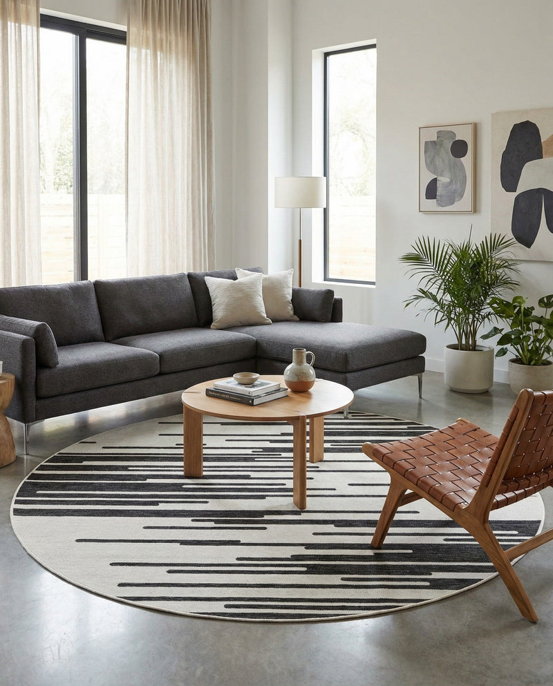 Urban Terrace Collection Area Rug -  Riverside Round Black and White  lifestyle 71