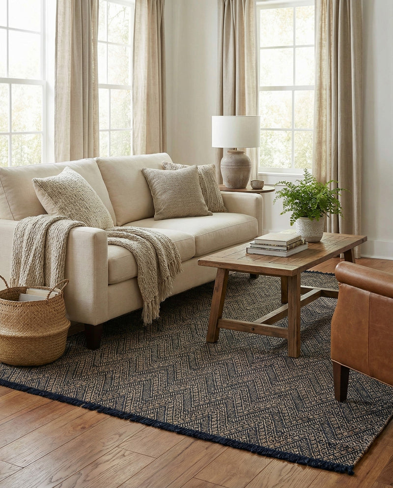 Woven Seaside Jute Collection Area Rug - Oia Rectangle Navy Blue and White  lifestyle 39