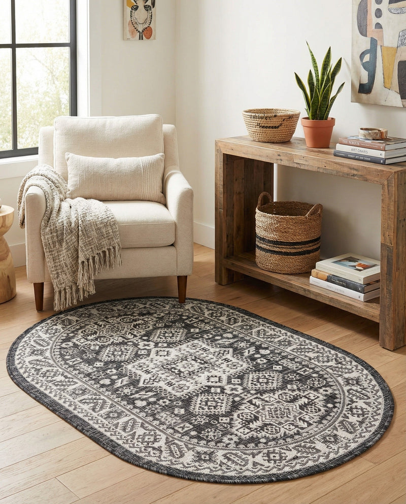 Tribal Terrace Treasures Collection Area Rug -  Incan Isle (Charcoal Gray) Oval Charcoal Gray  lifestyle 19