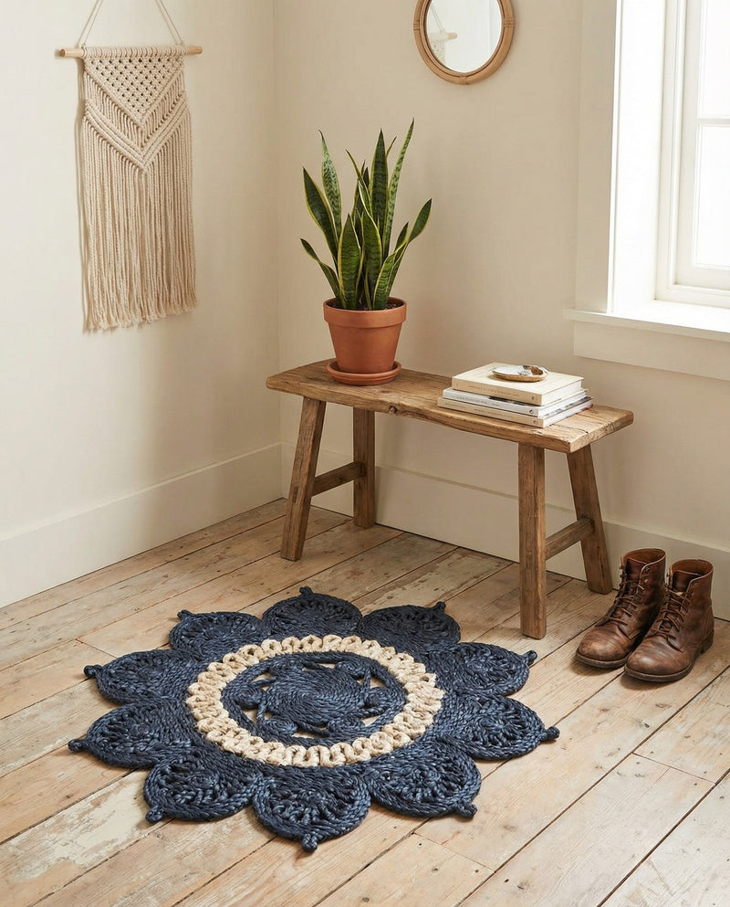 Woven Seaside Jute Collection Area Rug - Coastalhaven (Navy Blue and White) Round Navy Blue and White  lifestyle 12
