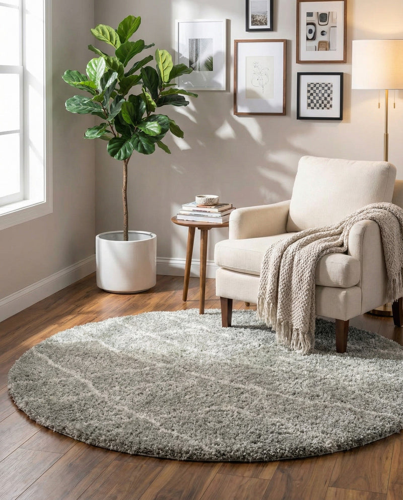 Cozy Haven Shag Collection Area Rug - Serenity (Cloud Gray) Round Cloud Gray  lifestyle 31