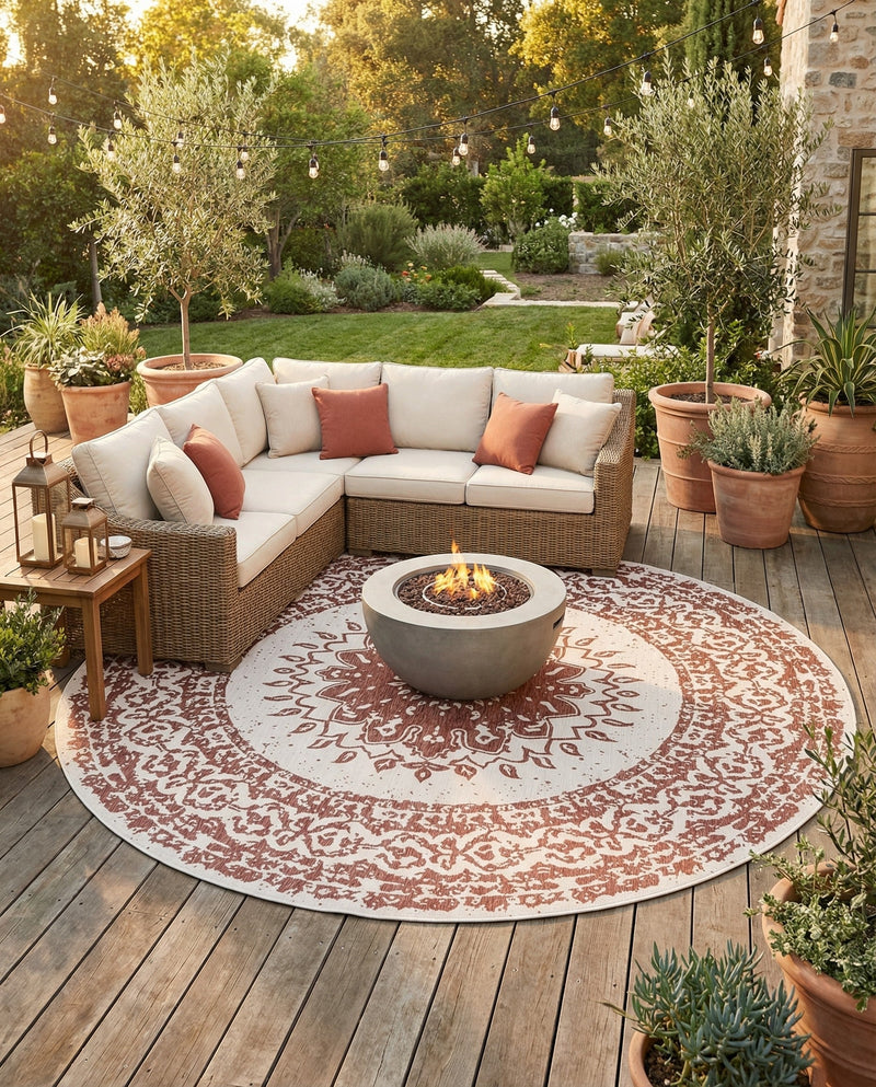 Patio Heritage Collection Area Rug -  Lafayette (Rust Red) Round Rust Red  lifestyle 74