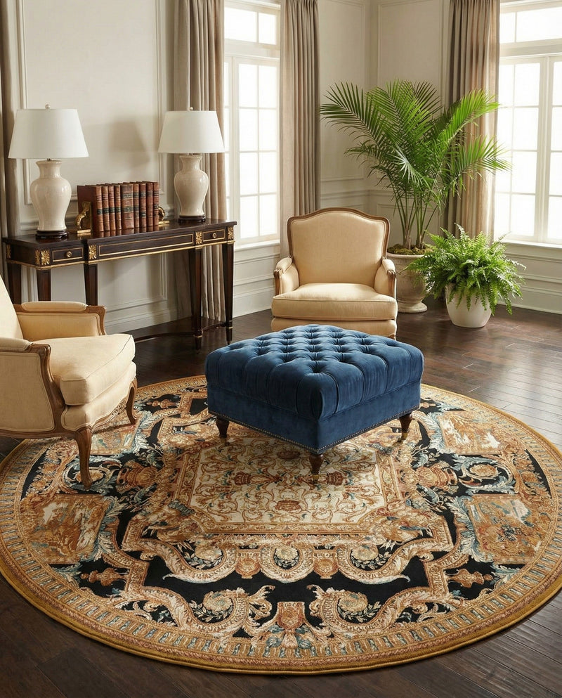 Patio Heritage Collection Area Rug - Veranda Round Black Gold Brown  lifestyle 61