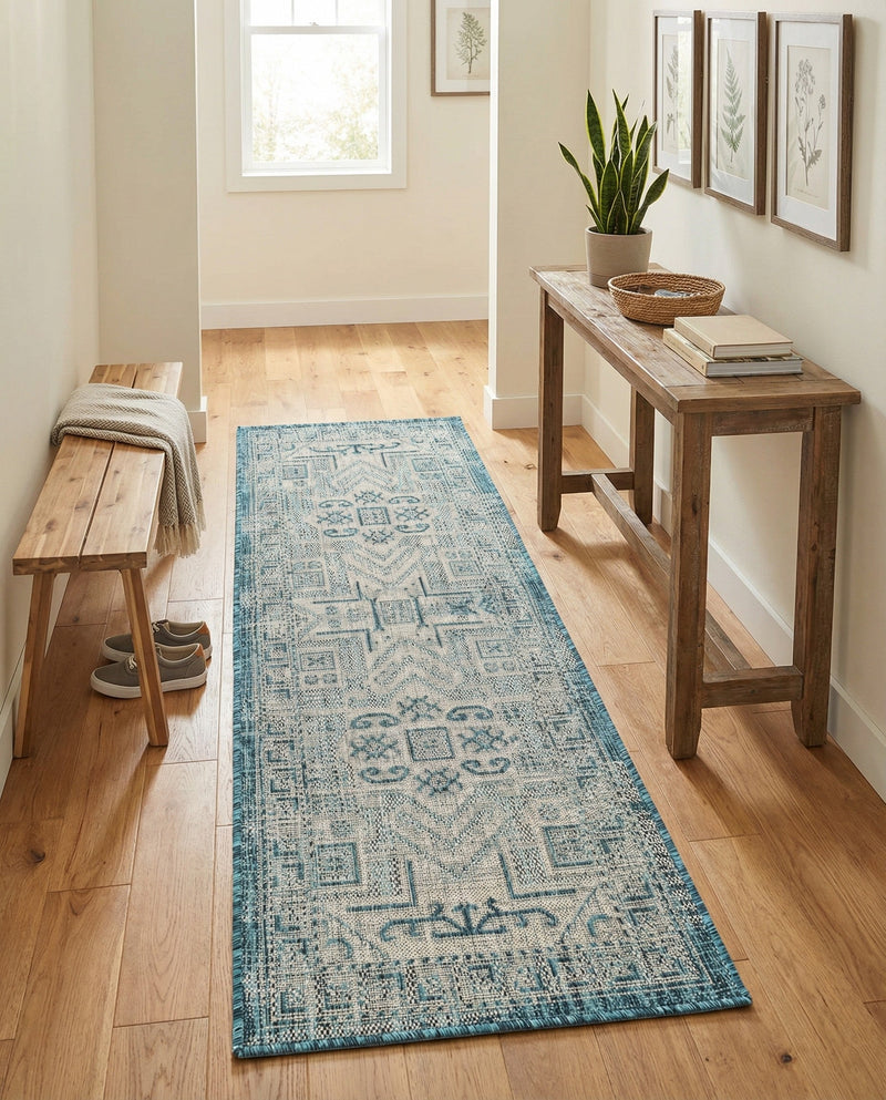 Tribal Terrace Treasures Collection Area Rug - Mayan Marina (Teal) Runner Teal  lifestyle 80