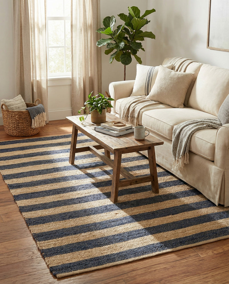 Woven Seaside Jute Collection Area Rug - Nantucket Rectangle Navy Ivory  lifestyle 32