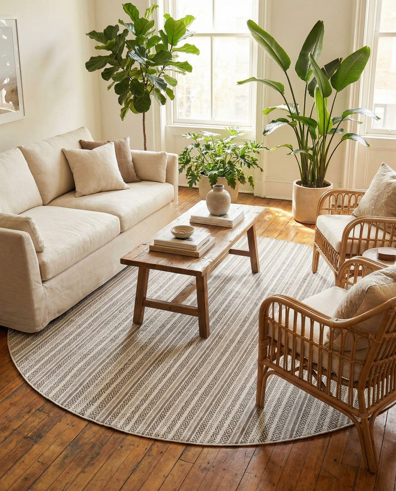 Seaside Stripes Collection Area Rug -  Boardwalk (Beige) Round Beige  lifestyle 81