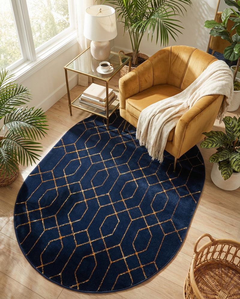 Hollywood Luxe Collection Area Rug - Sunset (Navy Blue Gold) Oval Navy Blue Gold  lifestyle 63