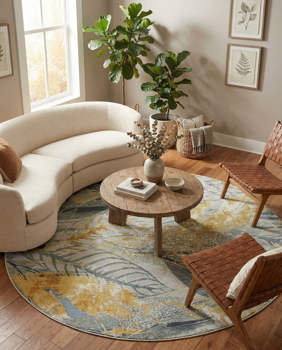 Seaside Blooms Collection Area Rug -  Blossom Round Gray Ivory Yellow  lifestyle 89