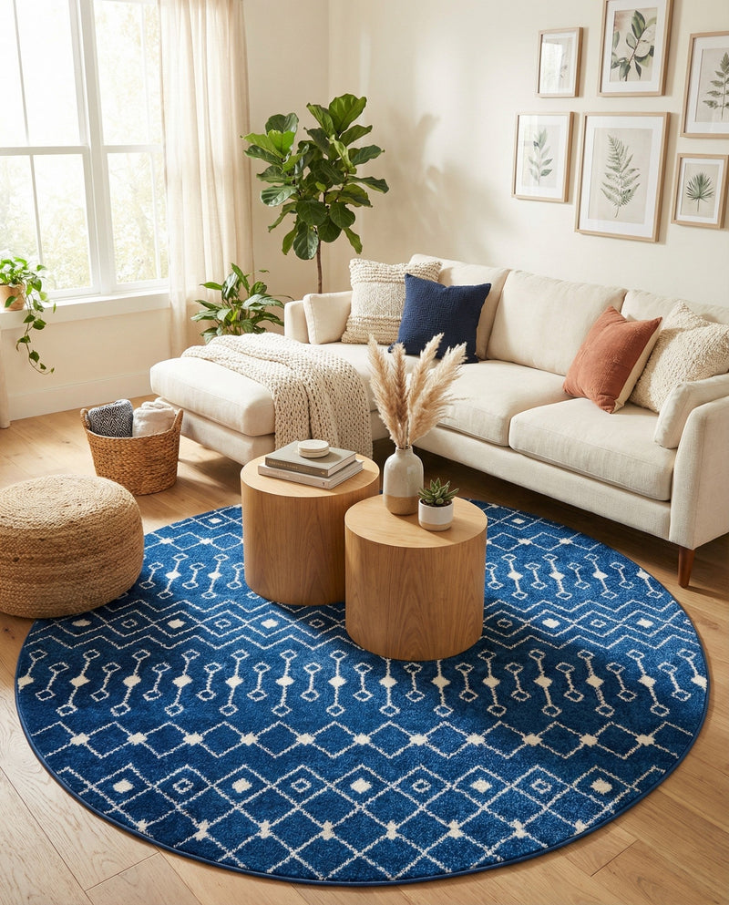 Mediterranean Lattice Collection Area Rug - Santorini (Navy Blue) Round Navy Blue  lifestyle 55