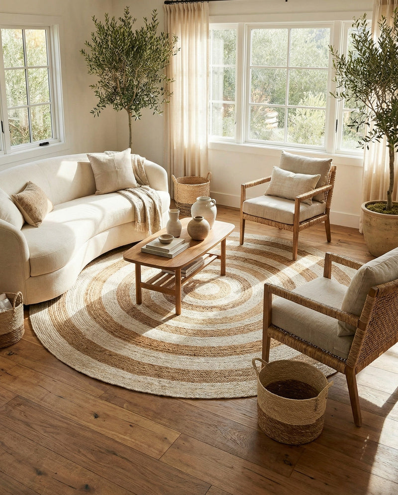 Woven Seaside Jute Collection Area Rug - Nautilus Round White Natural  lifestyle 23