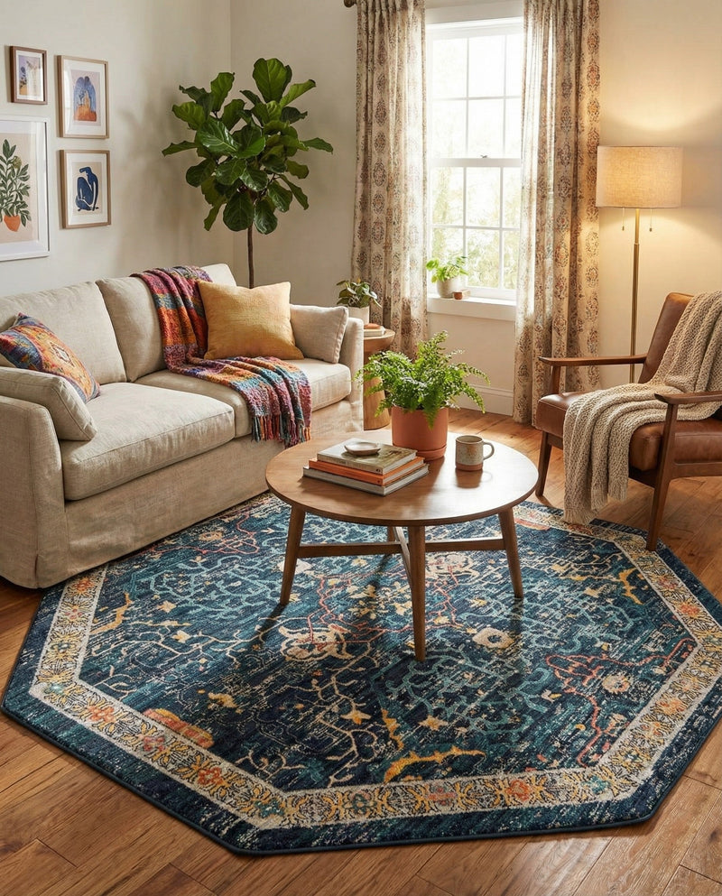 Seville Stripes Collection Area Rug -  Malaga (Navy Blue) Octagon Navy Blue  lifestyle 75