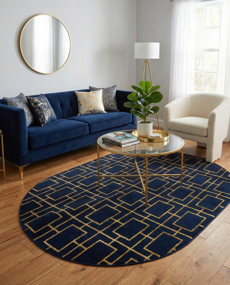 Hollywood Luxe Collection Area Rug -  Beverly (Navy Blue Gold) Oval Navy Blue Gold  lifestyle 58