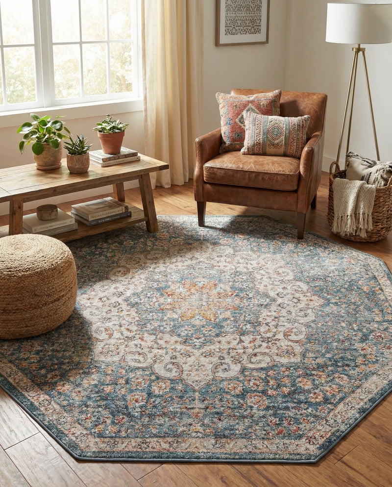 Coastal Haven Collection Area Rug - Seabreeze (Blue) Octagon Blue  lifestyle 50