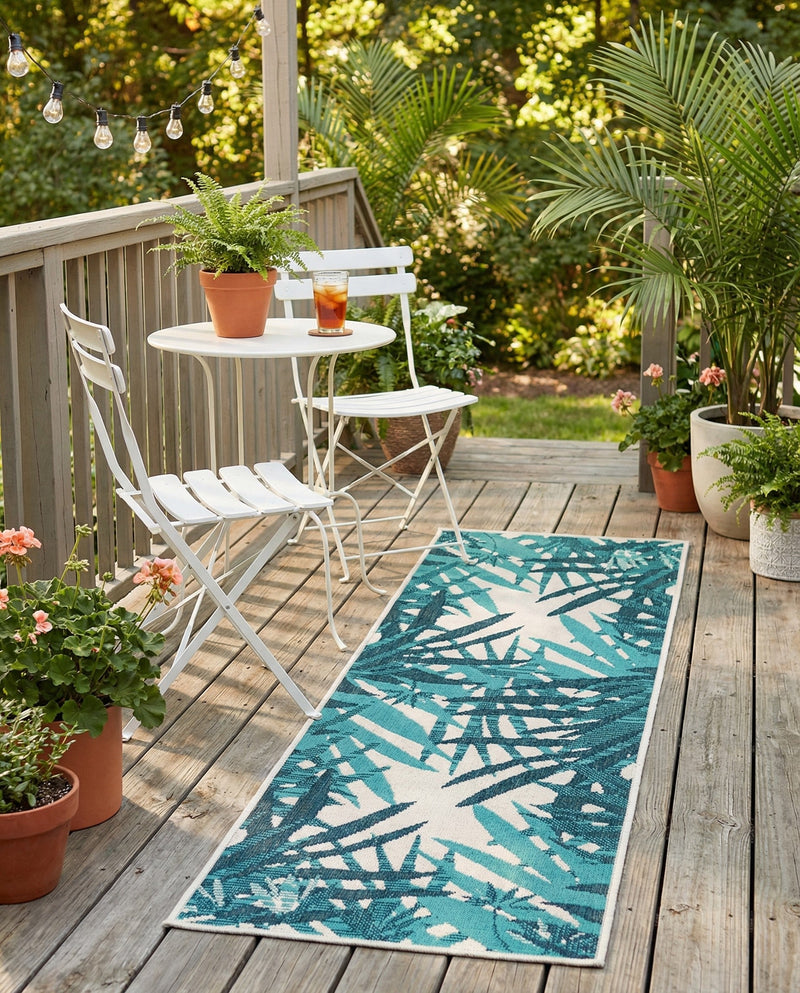 Seaside Blooms Collection Area Rug -  Provence Runner Teal blue  lifestyle 59