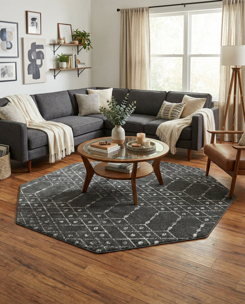 Marrakesh Lattice Collection Area Rug - Casablanca (Charcoal Gray) Octagon Charcoal Gray  lifestyle 58