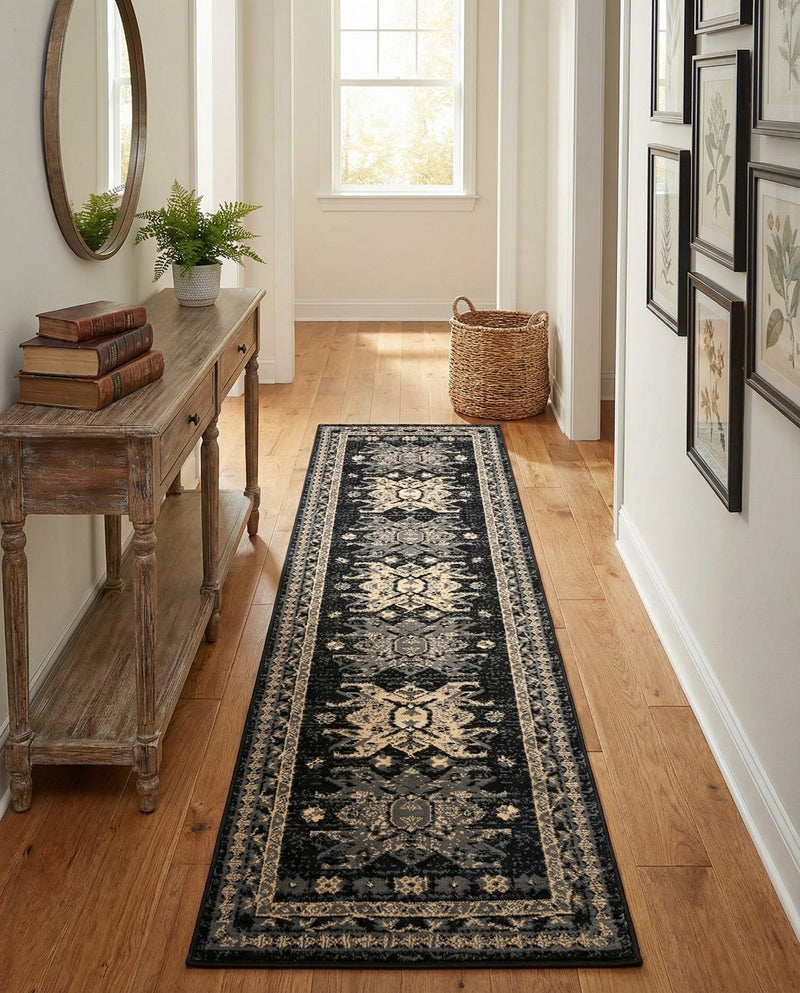 Tabriz Tapestries Collection Area Rug - Azerbaijan (Black) Runner Black  lifestyle 53