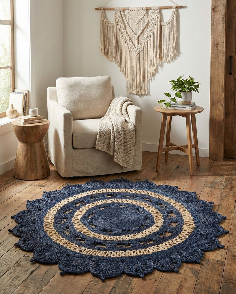 Woven Seaside Jute Collection Area Rug - Coastalhaven (Navy Blue and White) Round Navy Blue and White  lifestyle 17