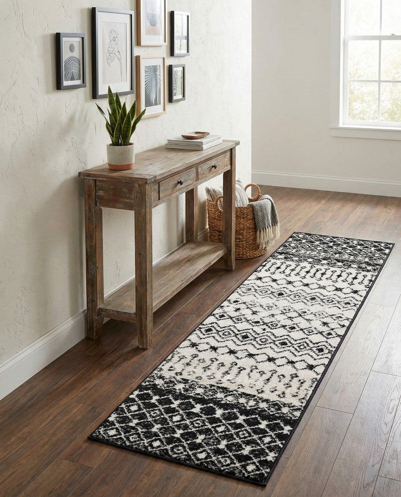 Mediterranean Lattice Collection Area Rug -  Casablanca (Black and White) Runner Black and White  lifestyle 56