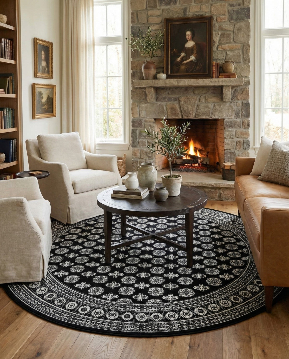Samarkand Elegance Collection Area Rug -  Margilan (Black and White) Round Black and White  lifestyle 84