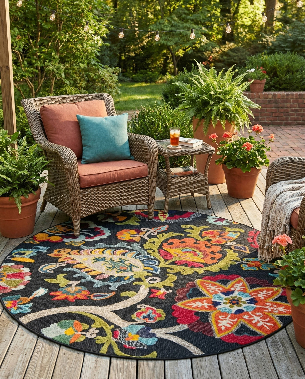 Outdoor Marrakesh Collection Area Rug - Fes Round Multi Black  lifestyle 145