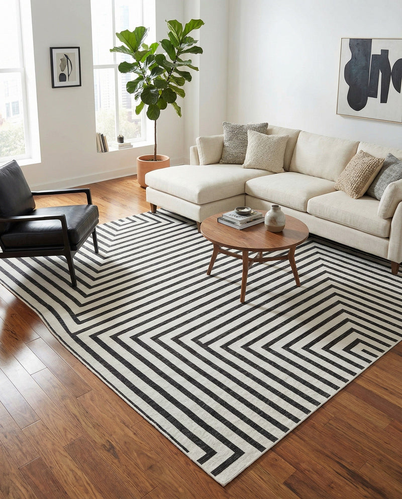 Urban Terrace Collection Area Rug -  Astoria (White and Black) Square White and Black  lifestyle 33