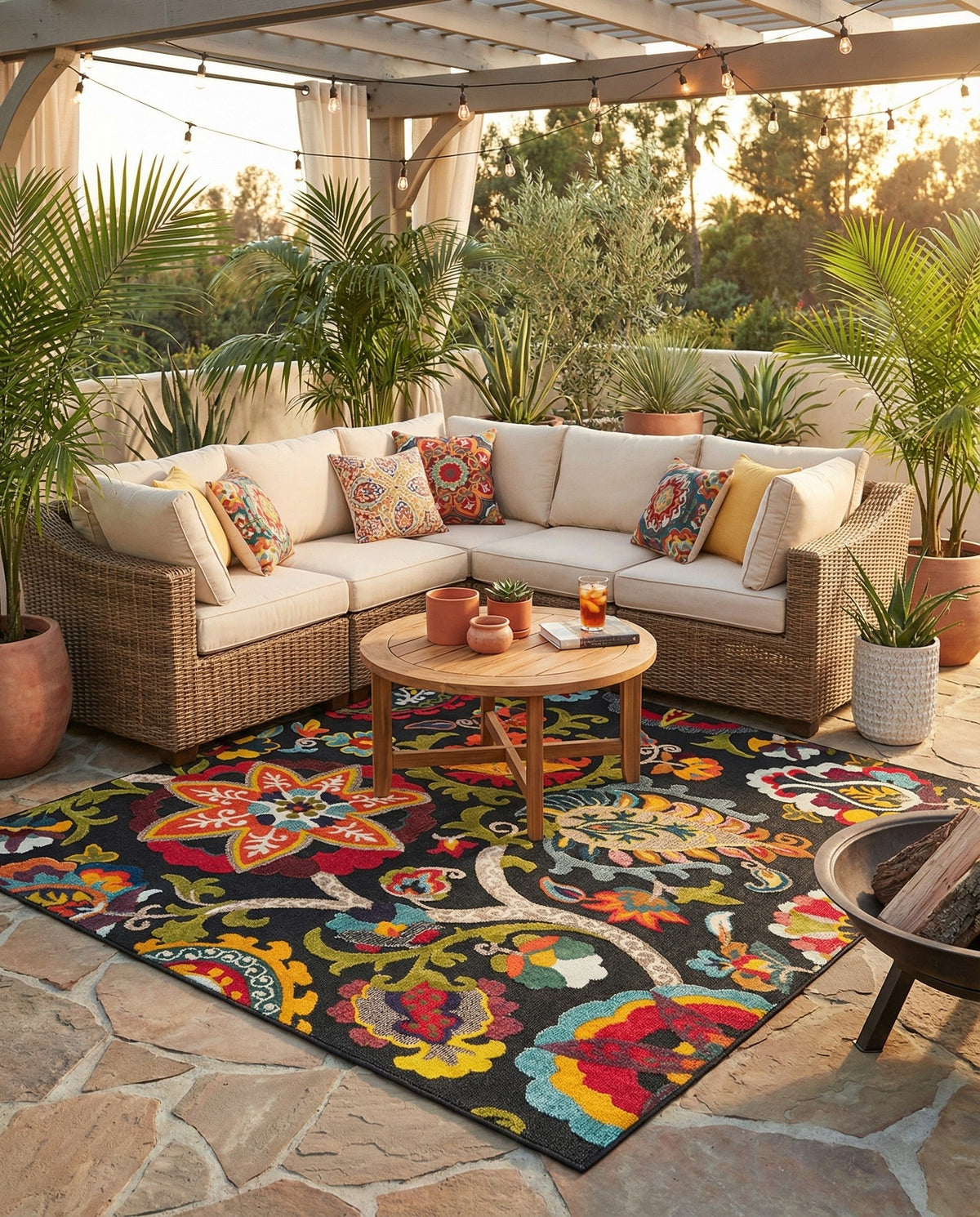 Outdoor Marrakesh Collection Area Rug - Fes Square Multi Black  lifestyle 147