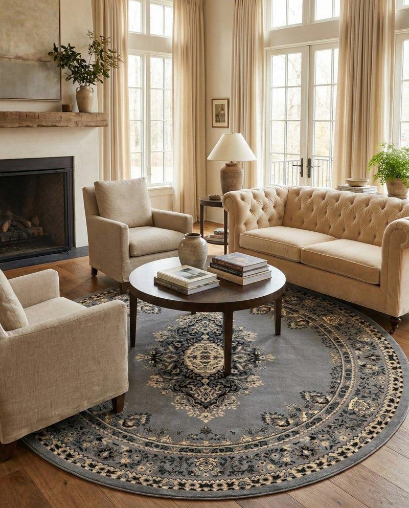 Tabriz Tapestry Collection Area Rug - Azerbaijan (Gray) Round Gray  lifestyle 31