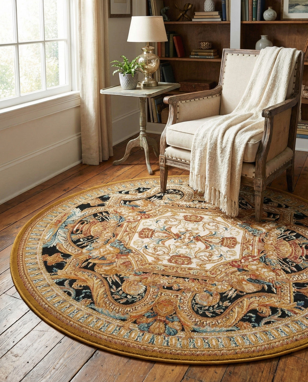 Patio Heritage Collection Area Rug - Veranda Round Black Gold Brown  lifestyle 83