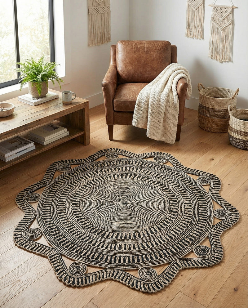 Woven Seaside Jute Collection Area Rug - Nantucket Round Black and White  lifestyle 53
