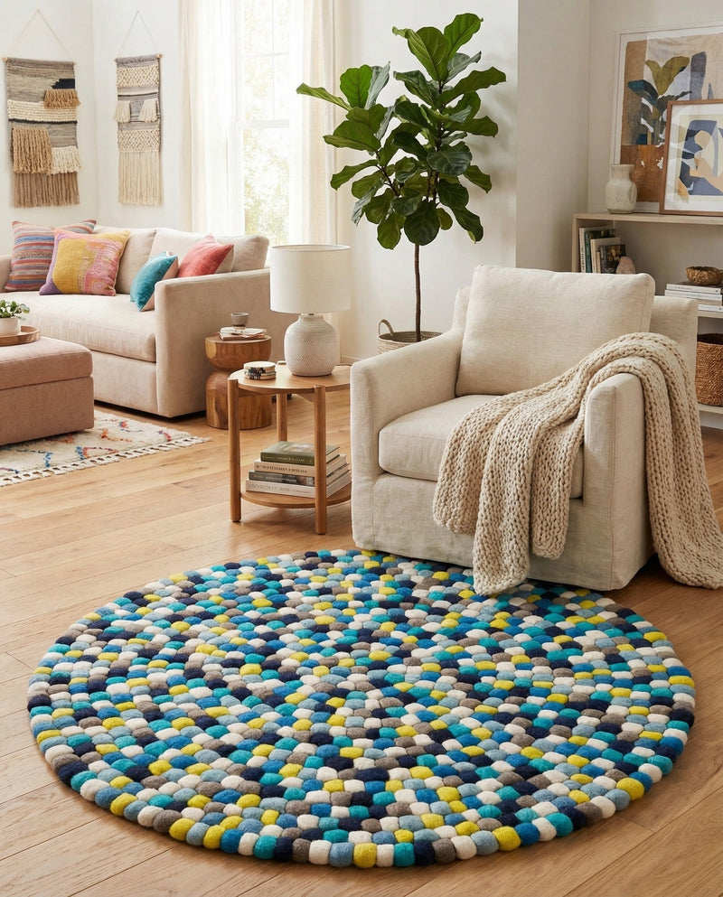 Woolen Sphere Collection Area Rug - Orbsburg (Blue) Round Blue  lifestyle 47