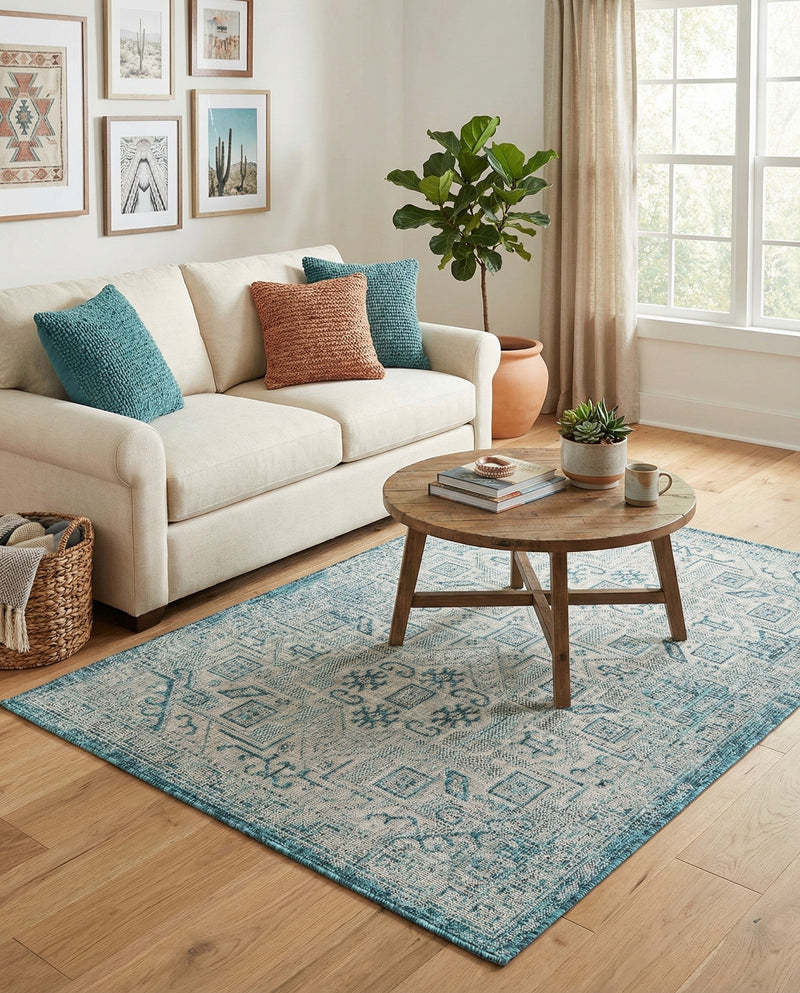 Tribal Terrace Treasures Collection Area Rug - Mayan Marina (Teal) Rectangle Teal  lifestyle 19