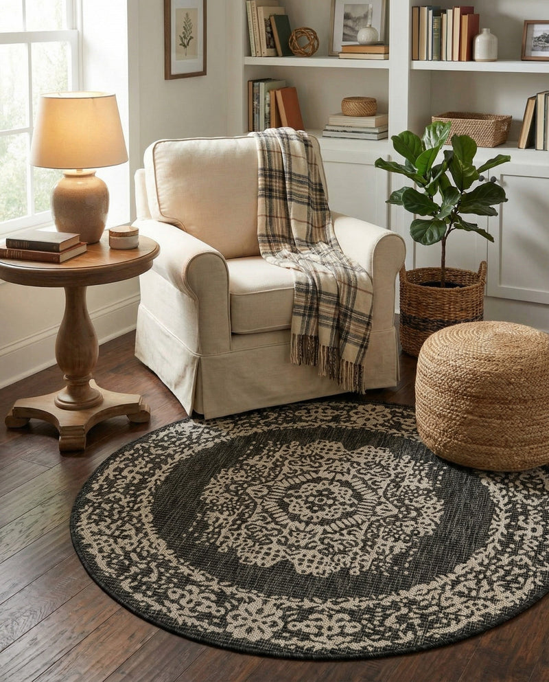 Patio Heritage Collection Area Rug - Savannah (Charcoal Gray) Round Charcoal Gray  lifestyle 55
