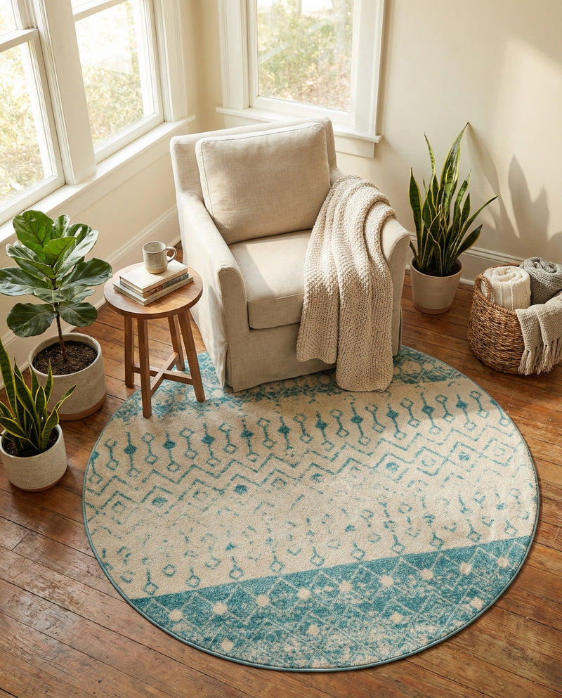 Mediterranean Lattice Collection Area Rug -  Casablanca (Ivory Blue) Round Ivory Blue  lifestyle 64