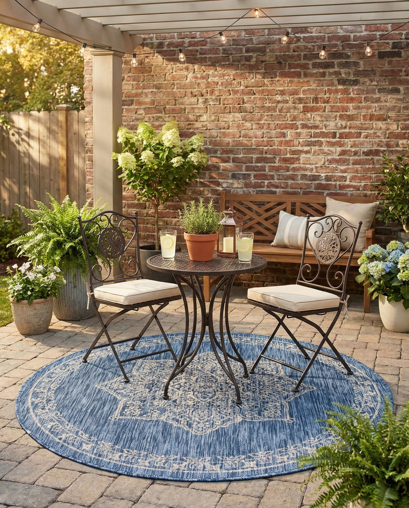 Patio Heritage Collection Area Rug -  Charleston (Blue) Round Blue  lifestyle 36