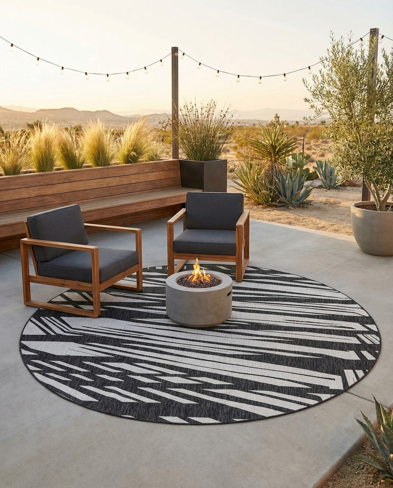 Urban Terrace Collection Area Rug -  Queens Round Black and White  lifestyle 64