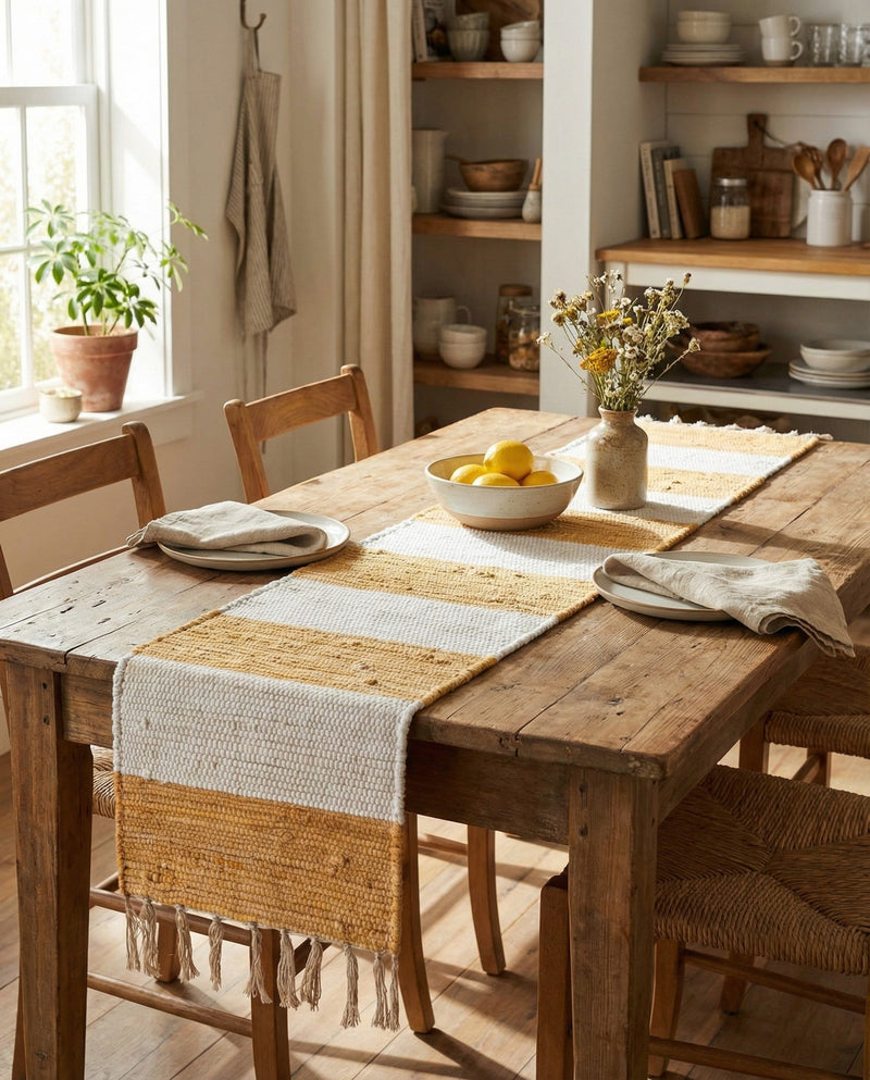 Tassel Trail Collection Area Rug - Pathway (Beige) Table Runner Beige  lifestyle 78