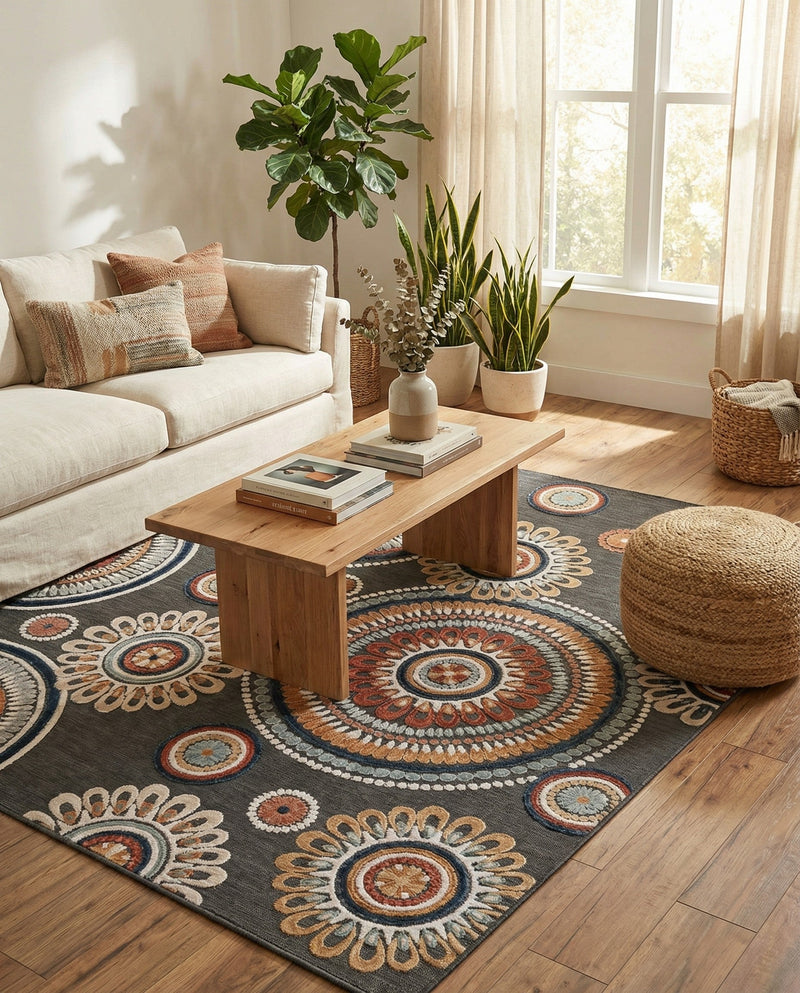 Seaside Blooms Collection Area Rug -  Eden Rectangle Black  lifestyle 24